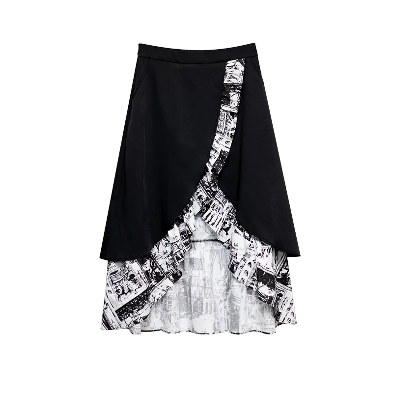 

XITAO Irregular Skirt Print Pattern Casual Style Loose 2021 Summer Goddess Fan Patchwork Pleated Minority Skirt CLL1385