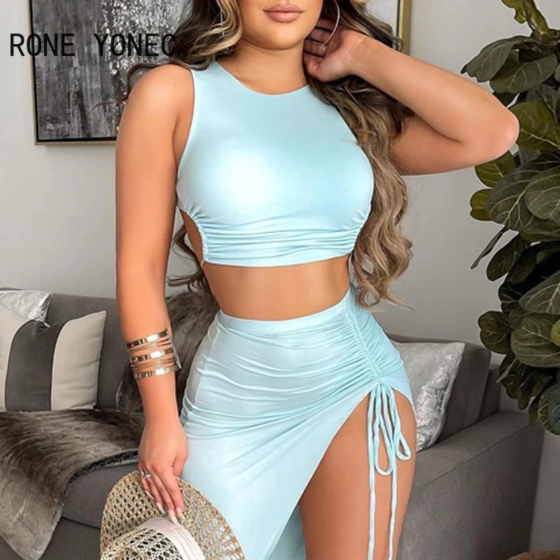 Женский повседневный летний костюм топ с рюшами и юбка цветочным принтом высоким