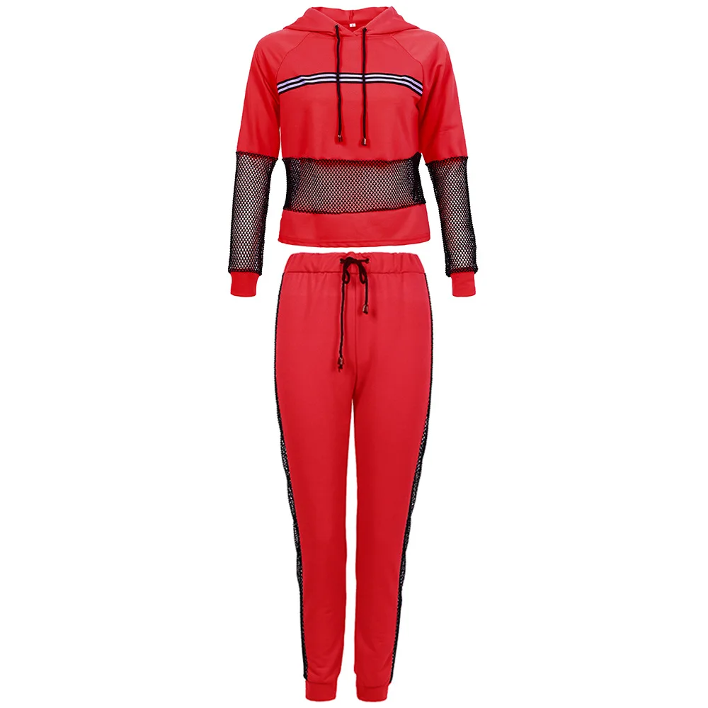 Women Autumn Winter 2 Pcs Running Suits Hooded Mesh Patchwork Pullovers Long Pants Keep Warm Sexy Sports Suits Fitness Jogging