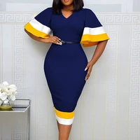 women bodycon dress patchwork color flare short sleeves v neck elegant office ladies work wear female modest classy african lady