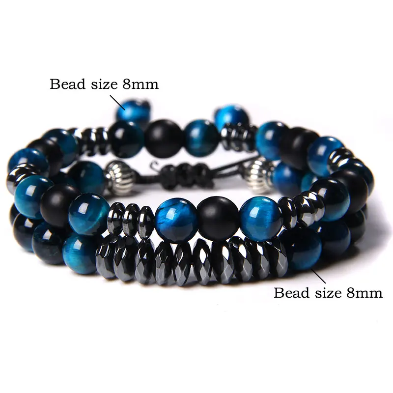 

Men Bracelet 2 Layers Chain Bracelets Natural 8 mm Blue Tiger Eye Stone Beads Bangle Women Faceted Slice Hematite Charm Jewelry