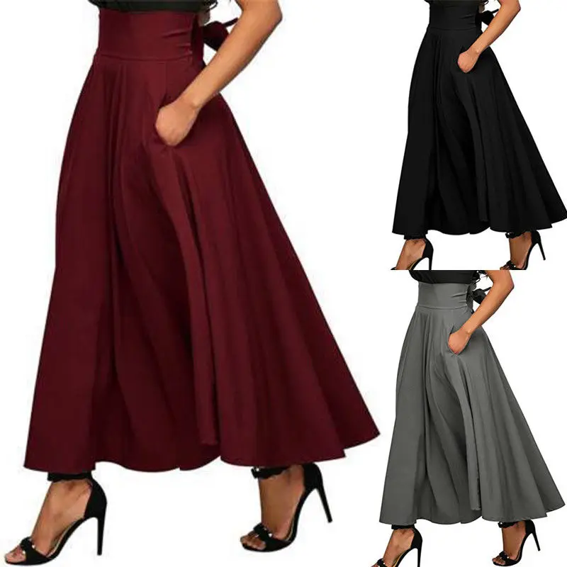 

Модные элегантные женские клеш с высокой талией гофрированные длинные юбки цыганская юбка макси + Карманы 5 размеров длинная юбка юбки для ж...