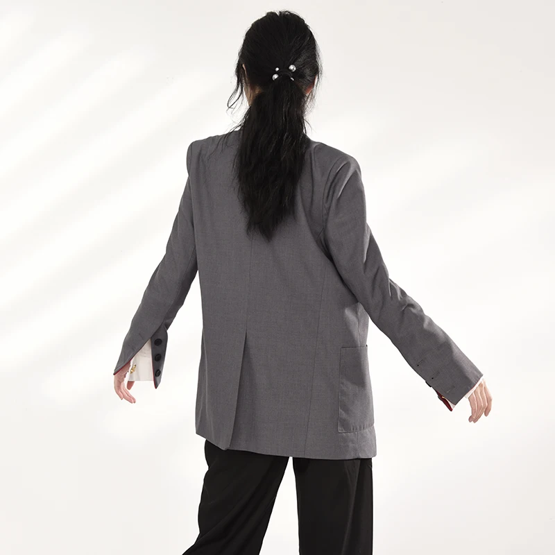 

Gray Single Women Breasted Big Size Blazer New Lapel Long Sleeve Loose Fit Jacket Fashion Spring Autumn 2021 1Z41002