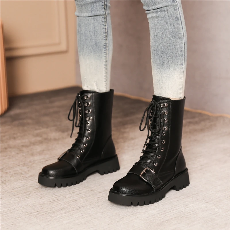 

CONASCO 2021 Autumn Winter Fashion Women Mid-Calf Boots Genuine Leather Shoes Woman Buckle Lace-Up Platforms Motorcycle Boots