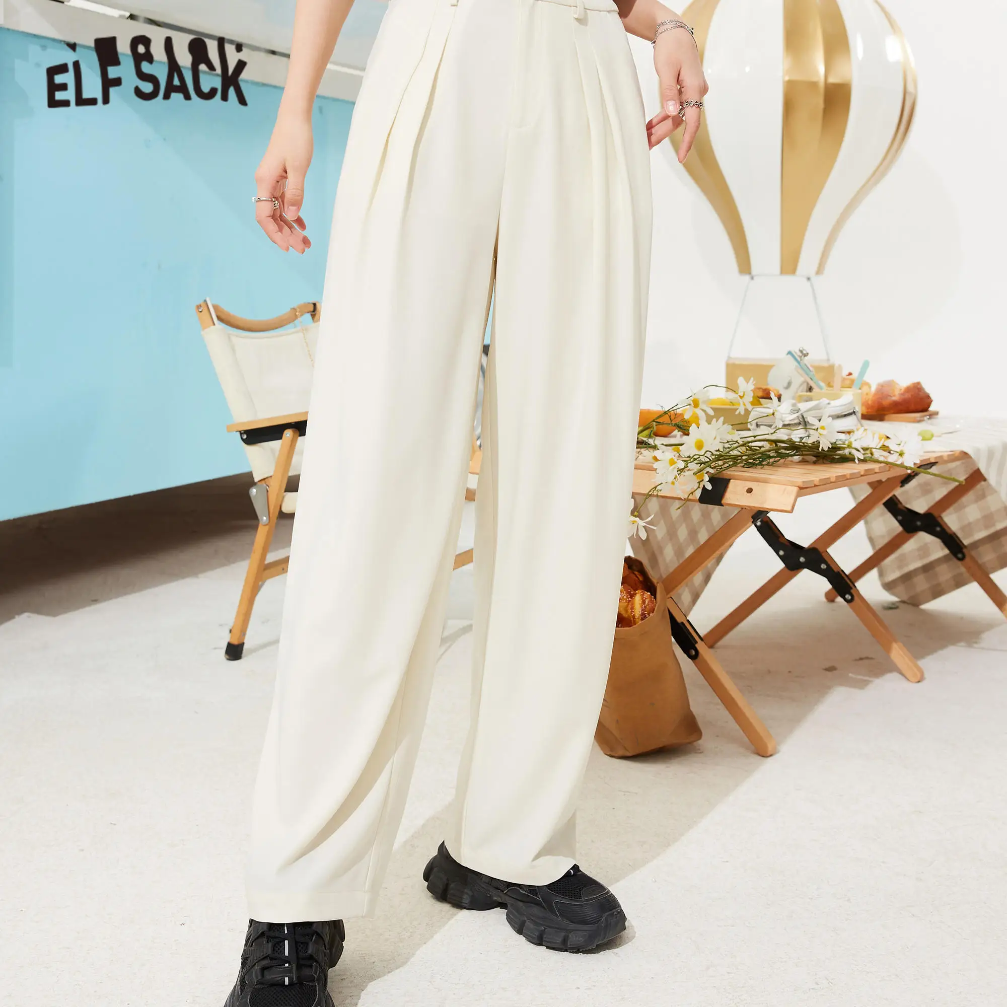 ELFSACK Solid Pure High Waist Straight Casual Women Pants 2021 Summer Minimalist Korean Ladies Daily Basic Trouser