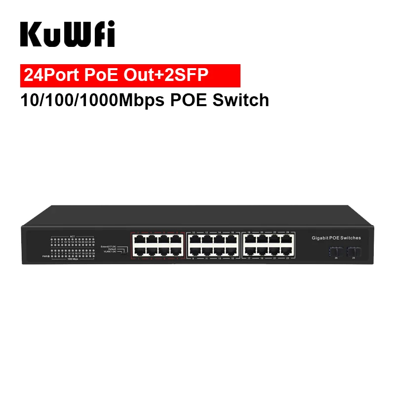 KuWFi гигабитный POE коммутатор 4/8/16/24 порты 10/100/1000 Мбит/с IEEE802.3AF/AT Стандартный RJ45