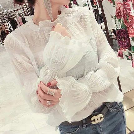 Корейский женский топ с расклешенными рукавами Женская кружевная шифоновая