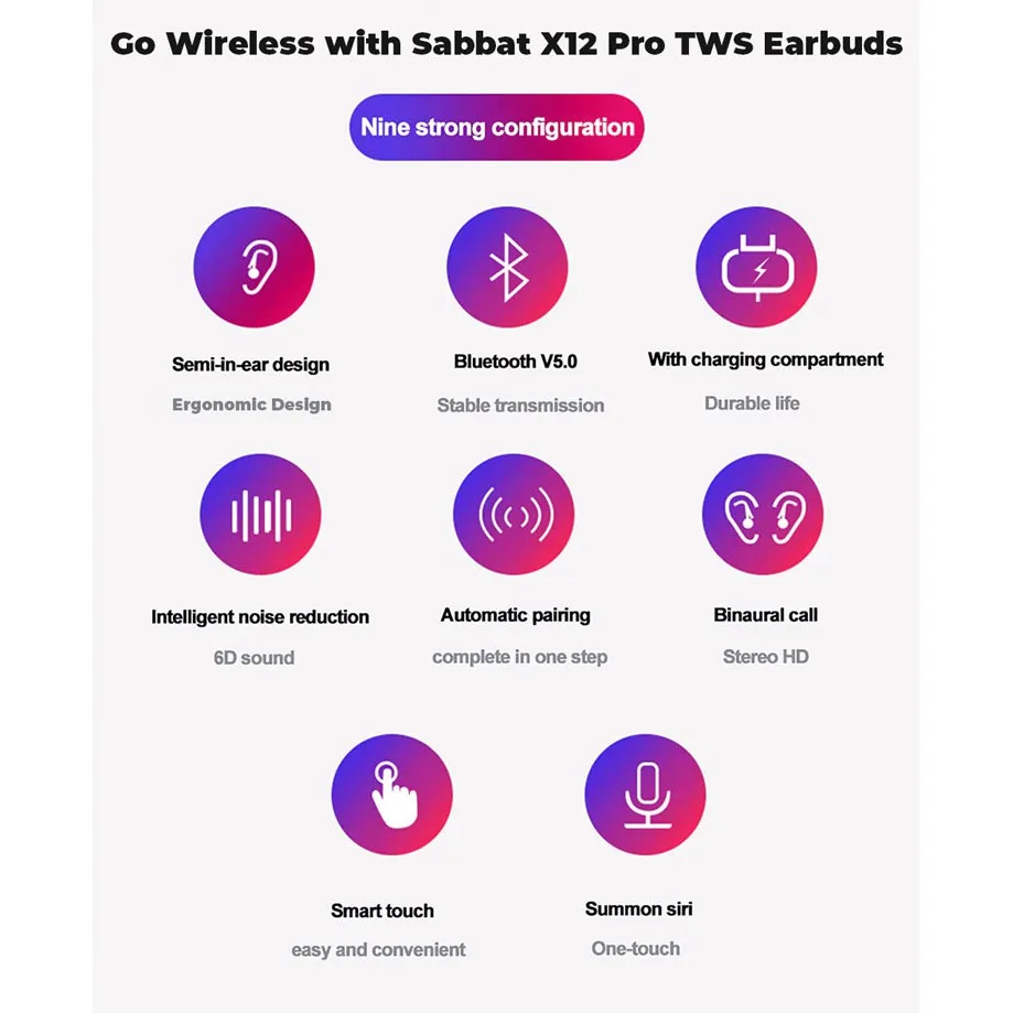 Sabbat X12 Pro Tws Wireless Earbuds Bluetooth 5.0 Earphone Hifi Stereo Headset Sport Waterproof Flame color | Электроника
