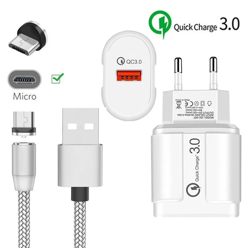 Магнитный Micro USB кабель QC 3,0 быстрое зарядное устройство для samsung A10 huawei Y5 Y7 Y9 Honor 8X zte Blade V9 V7 A3 A5 Android мобильный телефон - Тип штекера: EU charger and cable