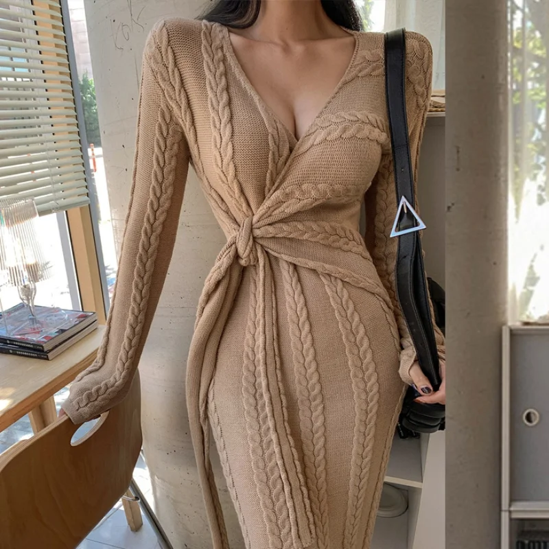 

2021 Korean Autumn Winter Women V Neck Sweater Dress Elegant Solid Color Knitted Lace Up Bow Bodycon Slit Long Dresses