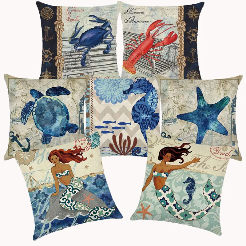 Морские декоративные подушки наволочка в морском стиле из хлопка и льна для