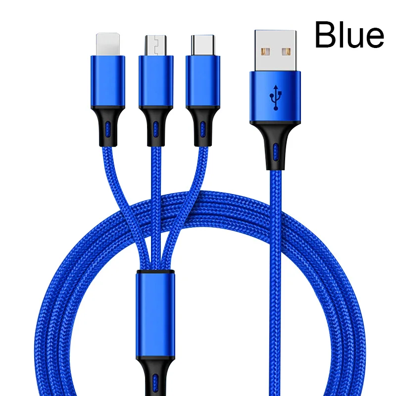 Синий 3 в 1 USB кабель type C type-c iOS Micro USB кабели Android 5V2A Быстрая зарядка провод зарядного устройства нейлоновый шнур для мобильного телефона - Цвет: Синий