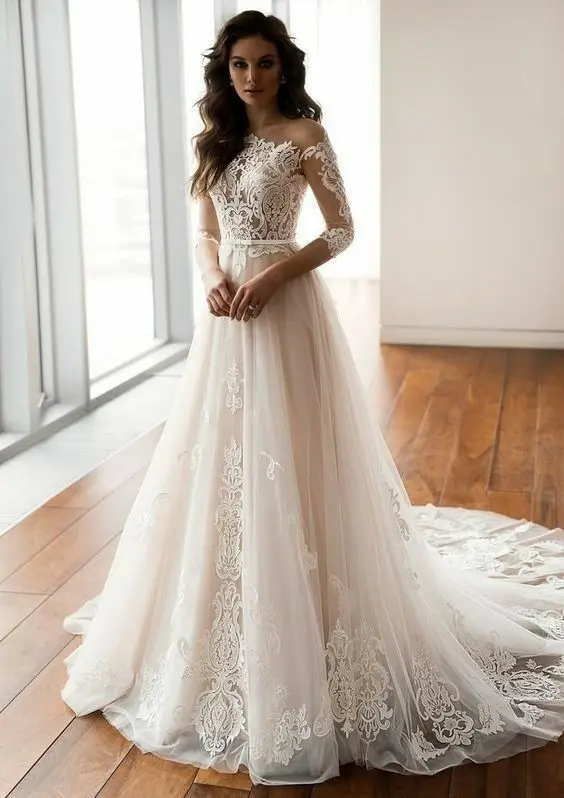 

Elegant A-Line Long Sleeve 0-Neck Wedding Dresses Tulle Lace Back Sweep Train Tulle Bridal Gowns for Women Custom Made