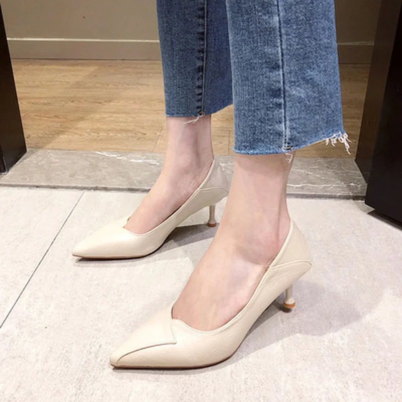 

2021 Elegant Office Women's Pumps High Thin Heels Wedding Party Pointed Toe Leather Dress Pumps High Heel Women Shoes