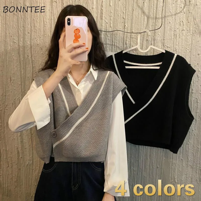 

Sweater Vests Women Vintage Patchwork Simple Sleeveless Loose College BF Style Fall Outwear Retro Knitting Newest Design Cropped