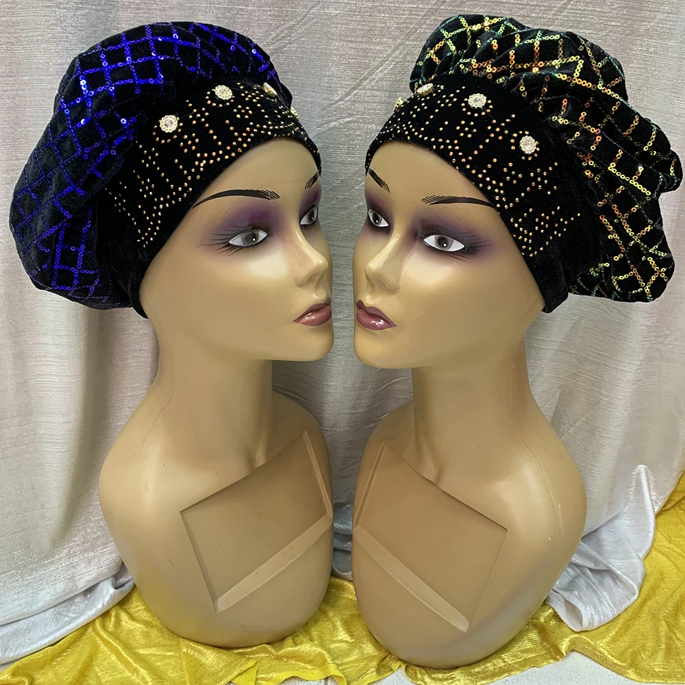 

Rhinestone Muslim Turban Cap Women Headwear Ready Female Headwraps African Auto Gele Aso Oke Headtie Already Made 12Pcs/Bag