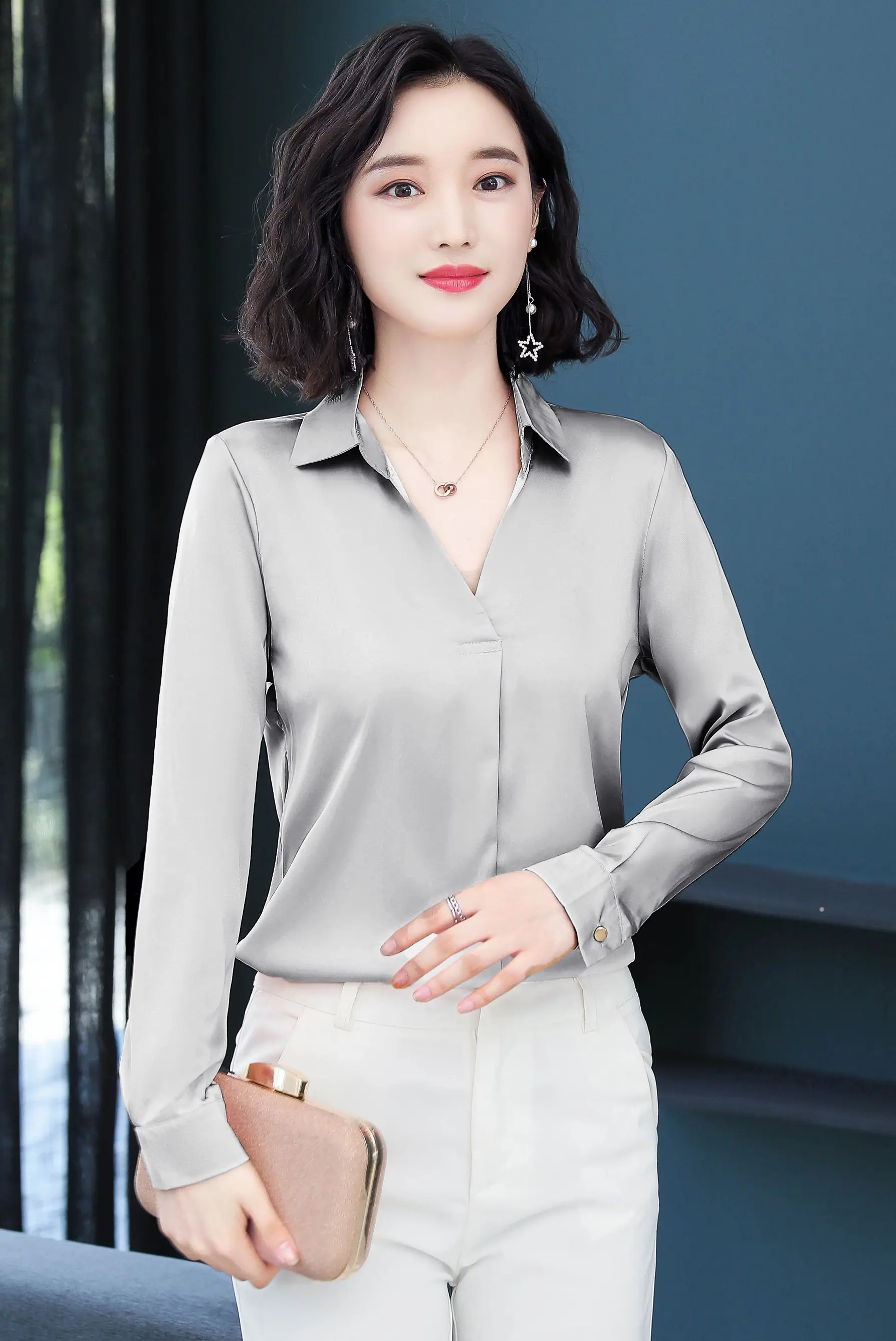 

Plus Size 2019 New Autumn blouse women Full Sleeve Loose Solid Blockbuster Silk blusas womens tops and blouses Pink 7791