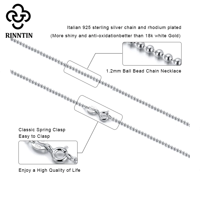 Ожерелье Rinntin из стерлингового серебра 1 2 пробы с шариком 925 мм длинная цепочка 40