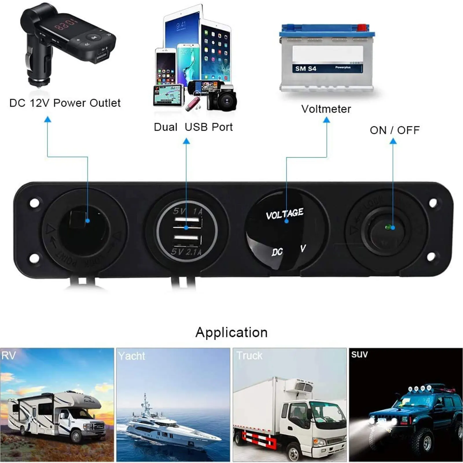 12V Car Power Socket 4 In 1 Cigarette Lighter Digital Voltmeter Dual Usb Charger With Rocker Switch Dustproof Waterproof | Автомобили и