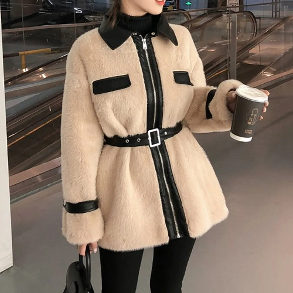 Lamb Fur Coat Teddy Cozy Warmness Thick PU Leather Mink Cashmere Jacket Autumn Winter Fashion Office Ladies Outerwear |