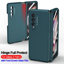 For Samsung Galaxy Z Fold 3 2 Hinge Case with Front Screen Glass Film Full Protection Cover Plastic Hard Case for Z Fold3 5G