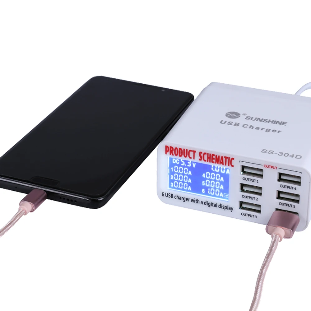 

Sunshine 100V-240V Phone Repair Tools 6 Port USB Fast Charger With LCD Display for iPhone iPad Samsung Mobile Phone Repair Tool