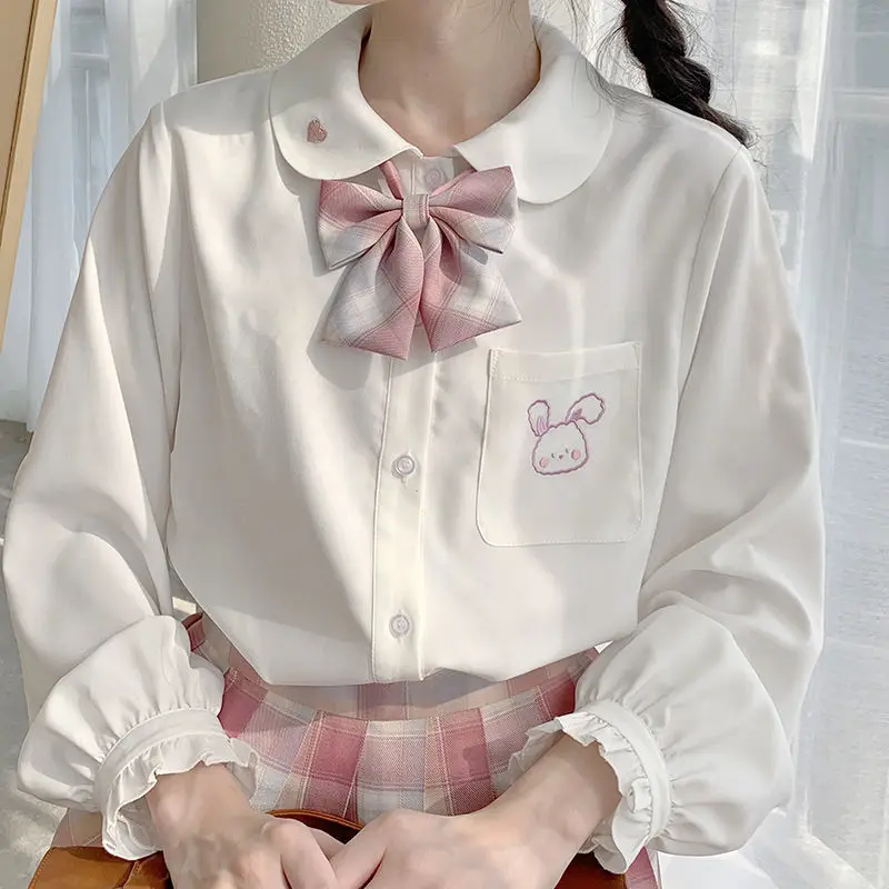 

Spring/Autumn Sweet Japanese Girl Preppy Style Kawaii Lolita Shirt Bow Puff Sleeves Gentle Fairy JSK Uniform Soft Sister Shirt