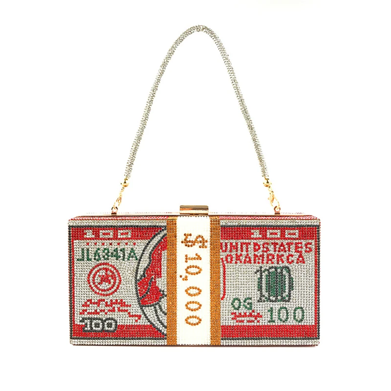 

Money Clutch Rhinestone Purse 10000 Dollars Stack Of Cash Evening Handbags Shoulder Wedding Dinner Bag 7 Color