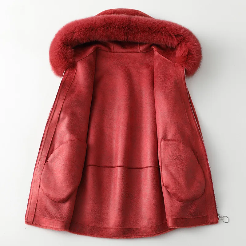 Elegant Fox Collar Hooded Sheep Sheared Mid Length Women Coat Real Fur Wool Grain Outwear Autumn and Winter Warm Red Jacket