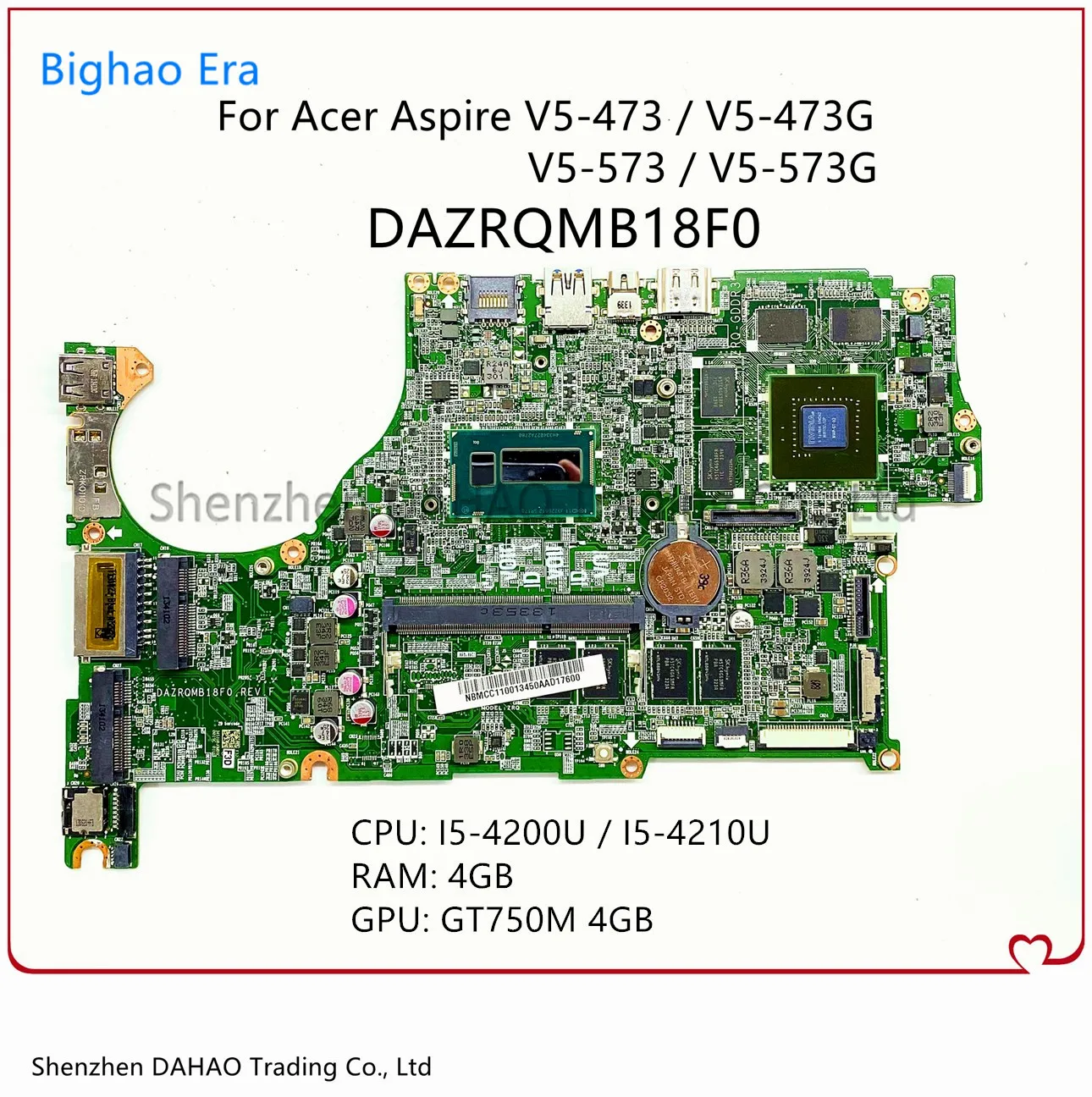 

Материнская плата для ноутбука Acer V5-473 V5-473G V5-573 DAZRQMB18F0 с процессором Intel i5 4G-RAM GT750M 4G-GPU 100% полностью протестирована
