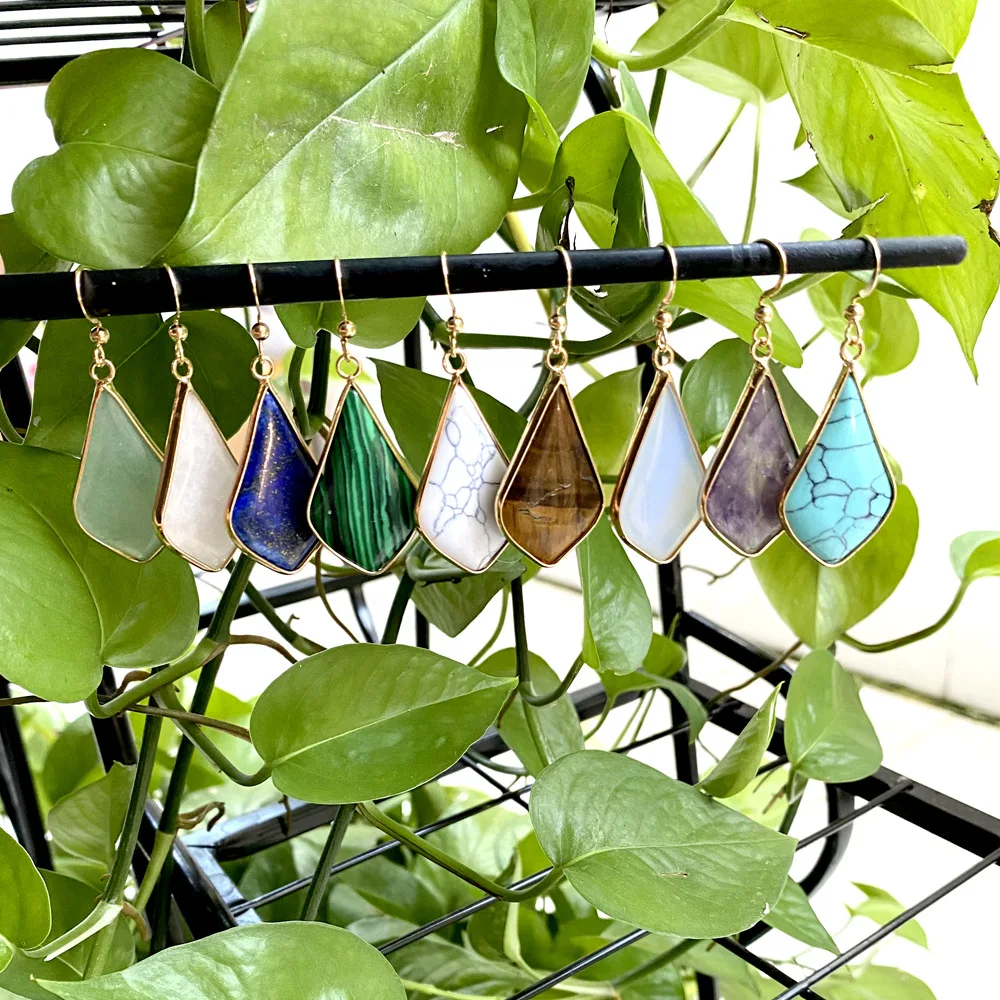 Ромбовидная капля серьги из натурального камня геометрические медные розовые