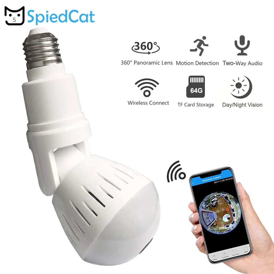 360 градусов панорамный рыбий глаз умная лампа IP Wifi Беспроводная HD Домашняя