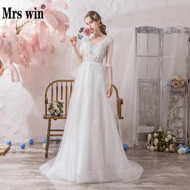 Свадебное платье Mrs Win с v-образным вырезом со шлейфом а-силуэта широким рукавом