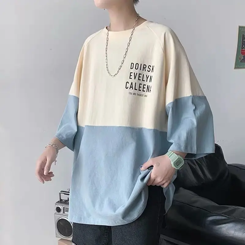 

Летняя мужская футболка, новинка, футболка из чистого хлопка с коротким рукавом в стиле Instagram, Корейская версия свободного кроя, трендовый м...