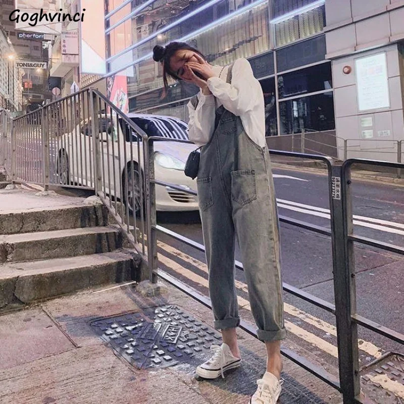

Jumpsuits Women Summer Denim Pockets Leisure All-match Street Wear Students Korean Style Suspenders Spring Loose Ankle-length BF