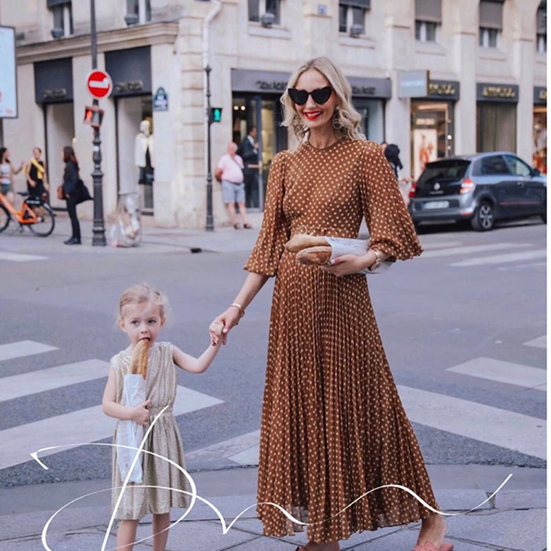 2019 осенне зимнее платье женское винтажное дизайнерское в горошек с длинным