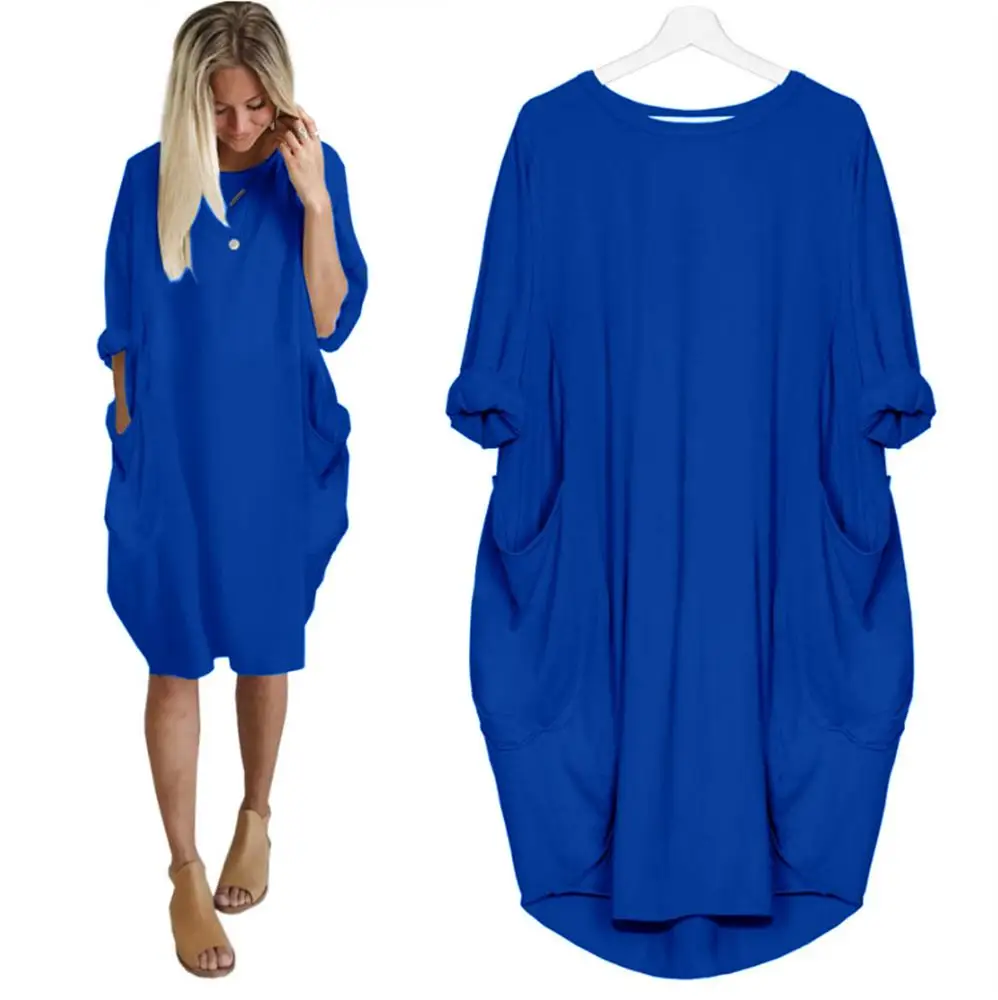 Royal blue 5XL размера плюс, осенние женские платья с карманами, свободное платье для девушек, вырез лодочкой, повседневные Длинные Топы для девушек, платье, женская мода, большие платья - Цвет: Royal blue