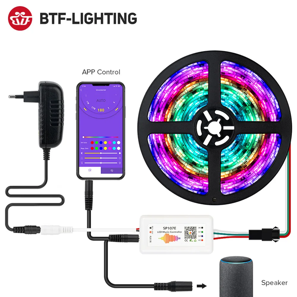 

Dream Color LED Strip Light 5m 150LED RGB IC LED Light Strip Bluetooth APP Controller Built-in Mic Sync To Music for Party IP65