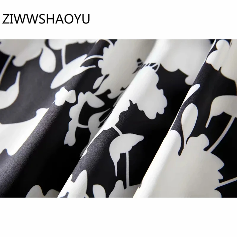 

ZIWWSHAOYU Summer Female Black White Floral Print Slim Pencil Dress Runway Designer Women Flare Sleeve Boho Mini Short Dresses