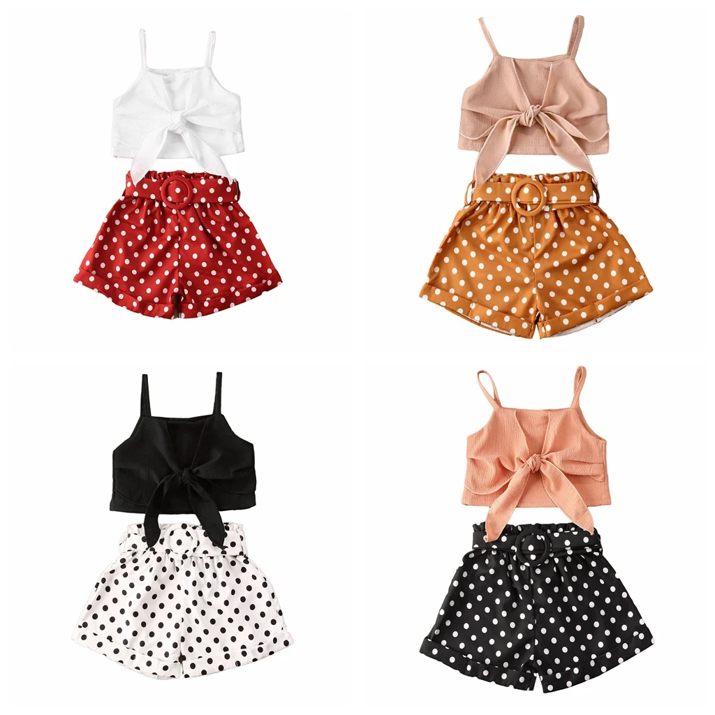 

1-6Y Girls Fashion Bow Suspender Solid Color Top Fresh Polka Dot Shorts Two Piece Set Children Outfits Set