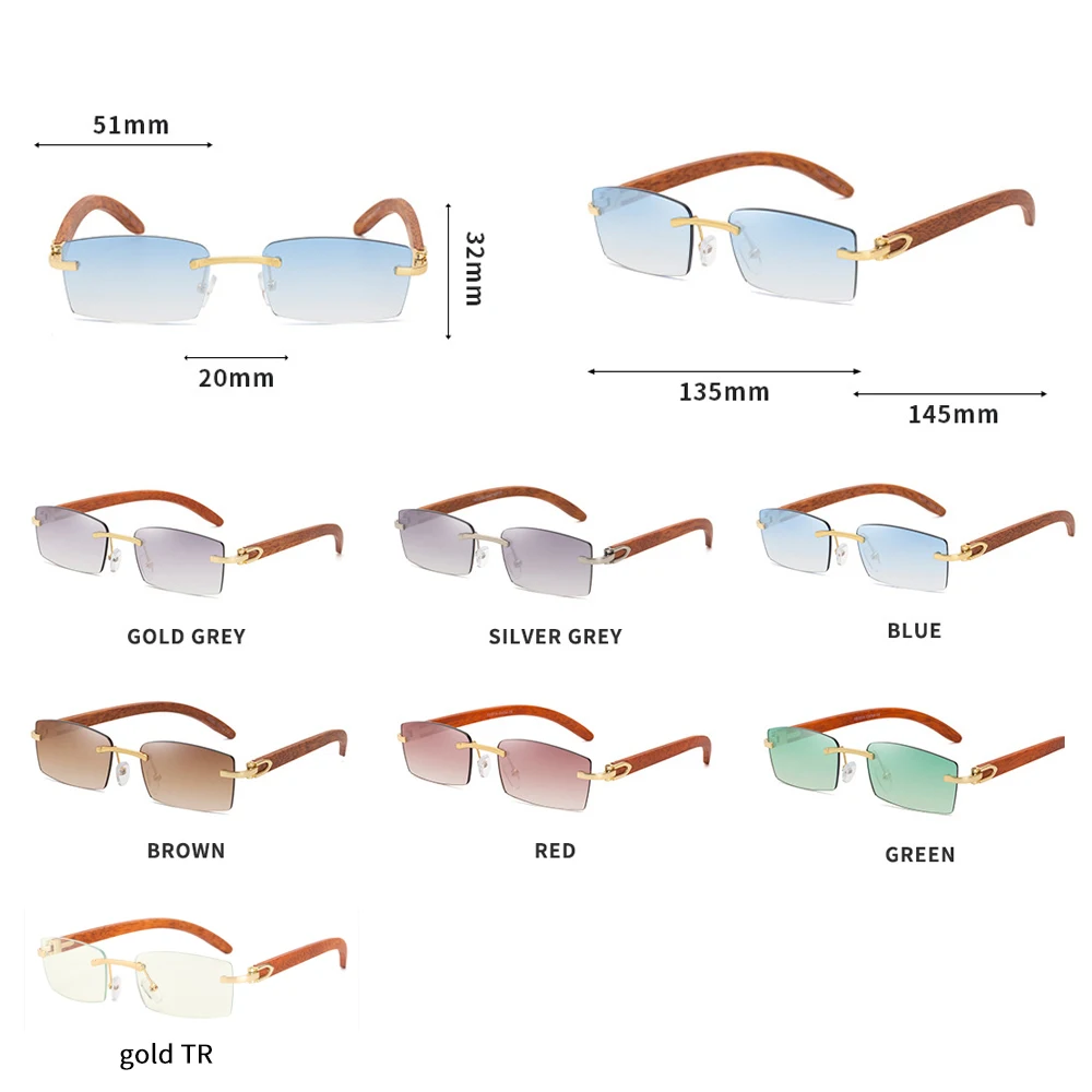 

Fashion Wooden Rimless Sunglasses Men Vintage Classic Rectangle Ocean Lens Male Driving Sun Glasses Square Hip Hop Oculos de sol