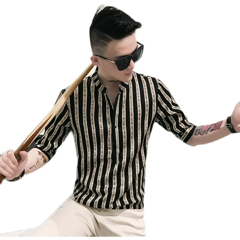 

Spring Striped 2021 Shirts Men Short Sleeve Pullover Slim Fit Streetwear Male Clothing Casual Social Party Nightclub Blouse