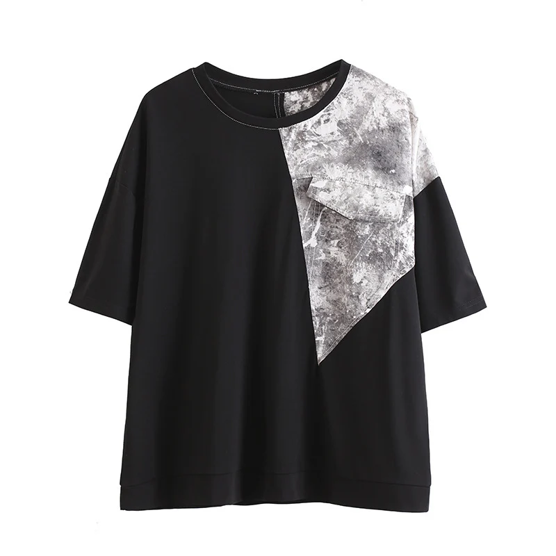 

Irregular Print Splicing Contrast Color T-Shirt New O-Neck Short Sleeve Loose Casual Fashion T Shirt Tops Clothes Summer 2021