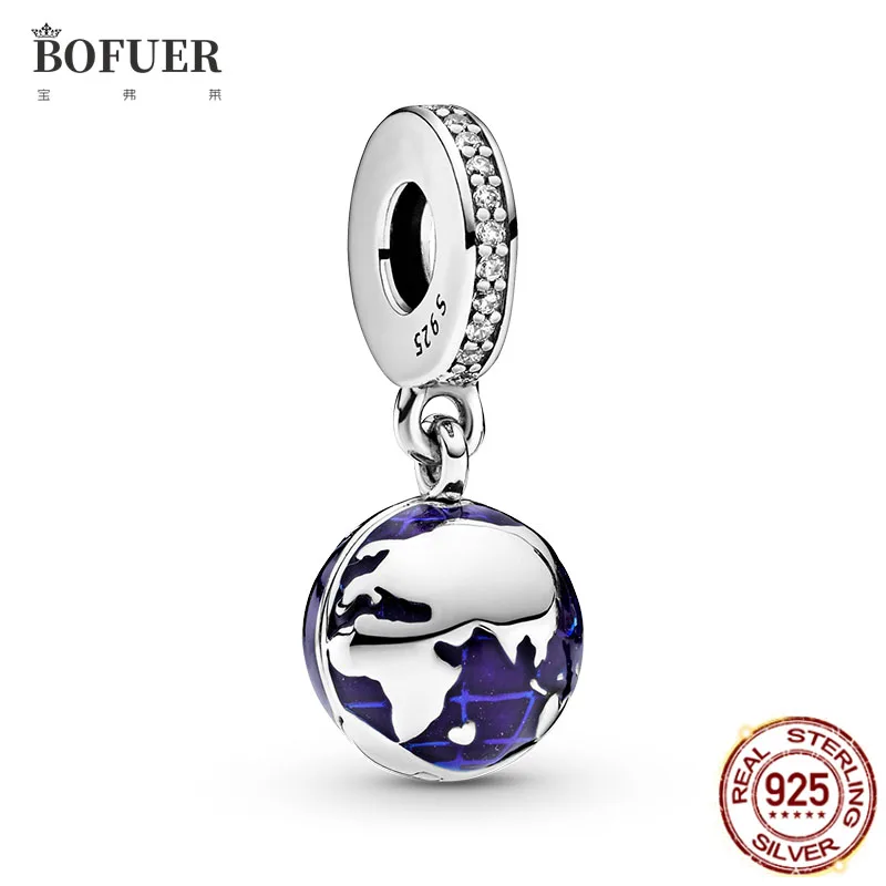 

925 Sterling Silver Blue Planet Globe With World Map Pendant Beads Fit Original Pandora Charm Europe Bracelet Bangle Diy Jewelry