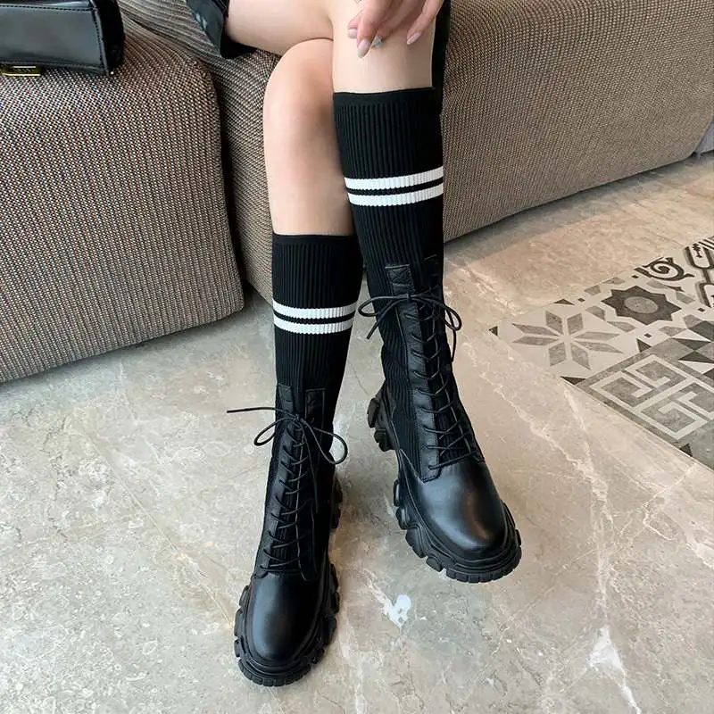 

Krazing pot genuine leather round toe thick bottom lace up leisure stretch knitting boots height increasing thigh high boots L76