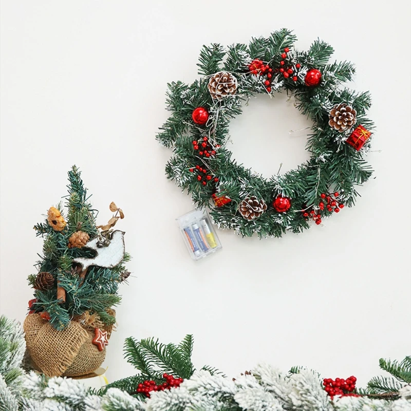 

Christmas Wreath with LED Light String Xmas Hanging Garland Lamp Door Ornament N84C