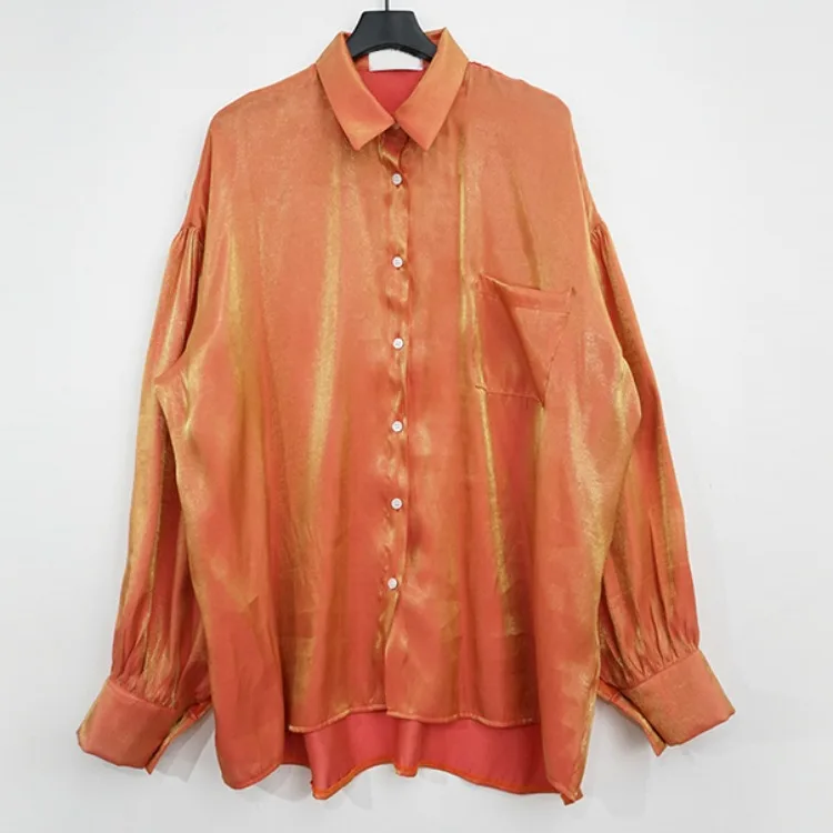 

Korean Office Ladies Blouses Single Breasted Turn Down Collar Tops 2020 Spring Long Sleeve Oversize Laser Shirt
