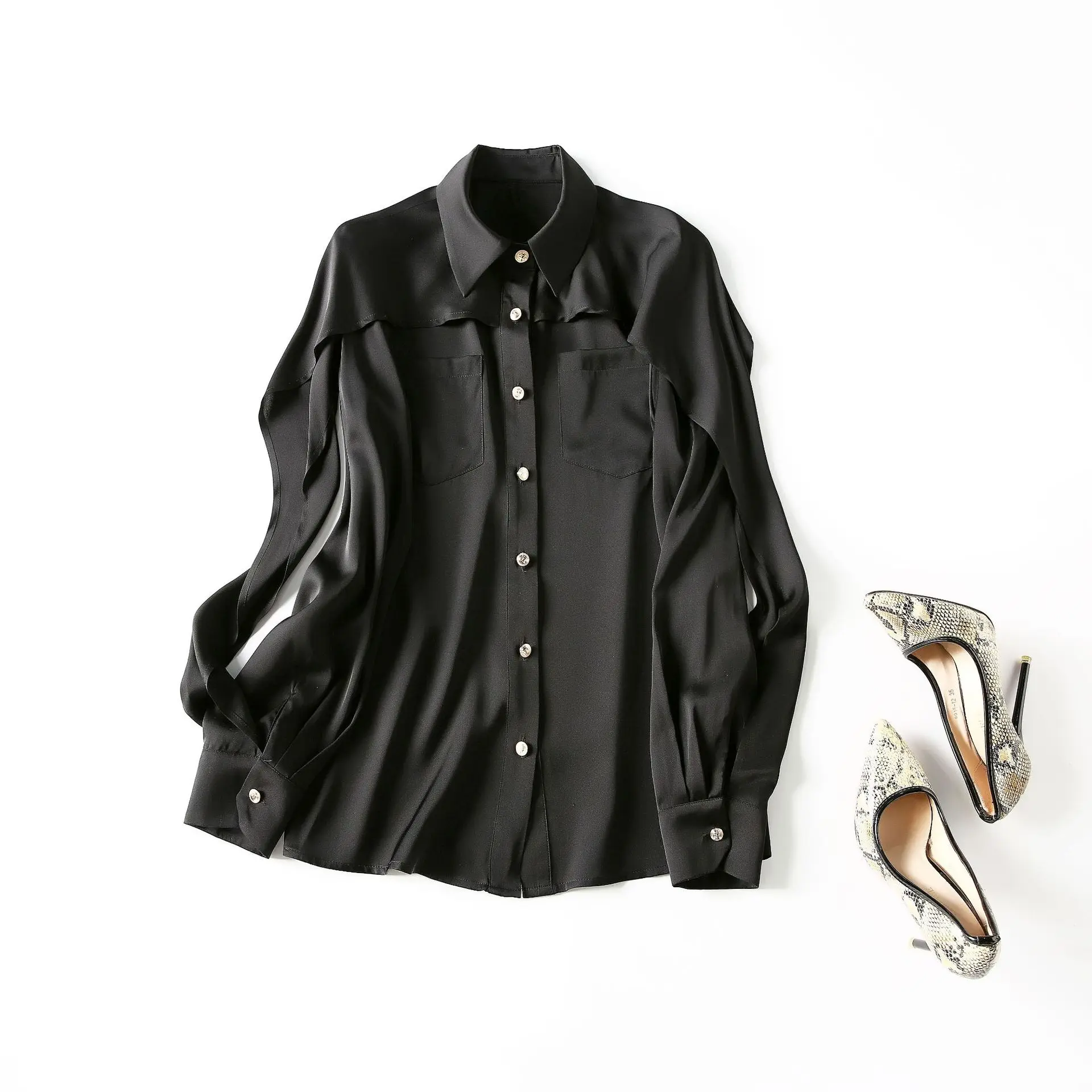 

European and American women's clothing spring 2021 The new Long - sleeved lapel ruffled fashion silk shirt