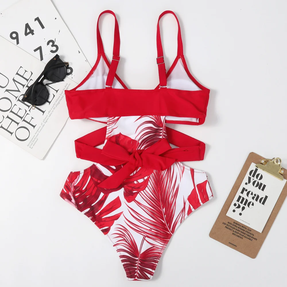 

Women One Piece Swimsuit Sexy Cross Bandage Sexy Bathing suit High Waist Swimwear Leaf printed 2021 Swimming suit Beach