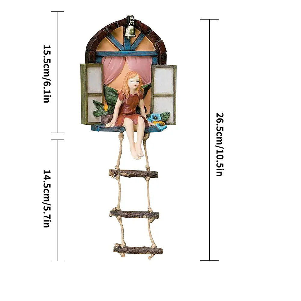 

Fairy Garden Window Statue Miniature Girl Ladder Hanging Tree Sculpture Micro Landscape Ornament Decor Garden Hanging Figurines